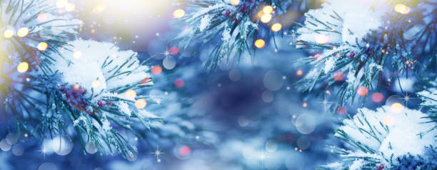 istock Christmas Tree. Cristmas New Year Winter blurred background. Magic winter snow landscape. Christmas greeting card. Christmas lights. Space for text. 1444429426