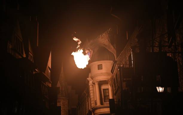 Town Street Lit Up By Fire Breathing Dragon