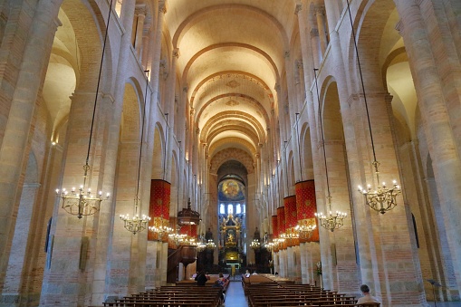 Basilica of Saint-Sernin in Toulouse. The Romanesque church is a pilgrimage destination on Routes of Santiago de Compostela.