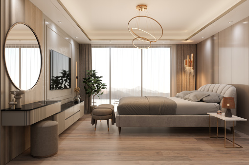 Large mirror in the corner of bedroom. 3D render of a bedroom interior with side table and big mirror.