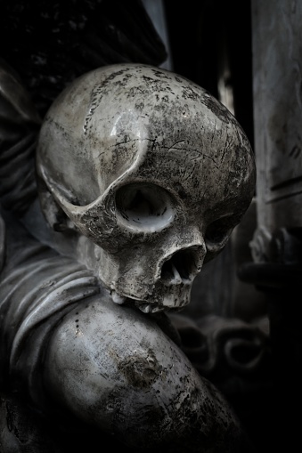 Skulptur av skalle som finns i domkyrkan i Uppsala. Fotografering tillåtet