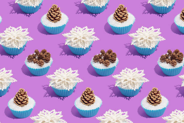 istock Retro winter holidays pattern of pastel blue baking or cupcake cup with Christmas ornaments on purple background. Vintage aesthetic Xmas concept. 1444441003