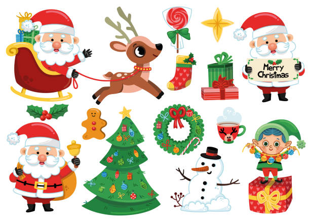 świąteczny zestaw obiektów clipart - wrapping paper christmas gift snowman stock illustrations