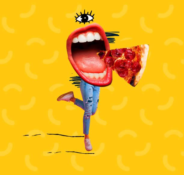 istock Modern art collage. Legs, lips and pizza. Modern food concept. 1444442705