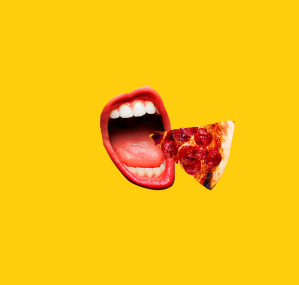 Modern art collage. Open mouth and pepperoni pizza.