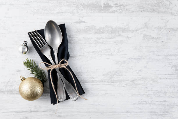 istock Vintage Place Setting on Old Wooden Table for Winter Holidays 1444443129