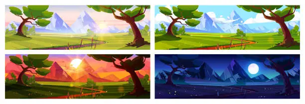 Vector illustration of Cartoon nature landscape day time set, backgrounds
