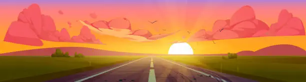 Vector illustration of Road at sunset perspective view, summer nature