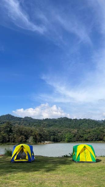 istock tourist tent at  campground with clear sky. 1444445688