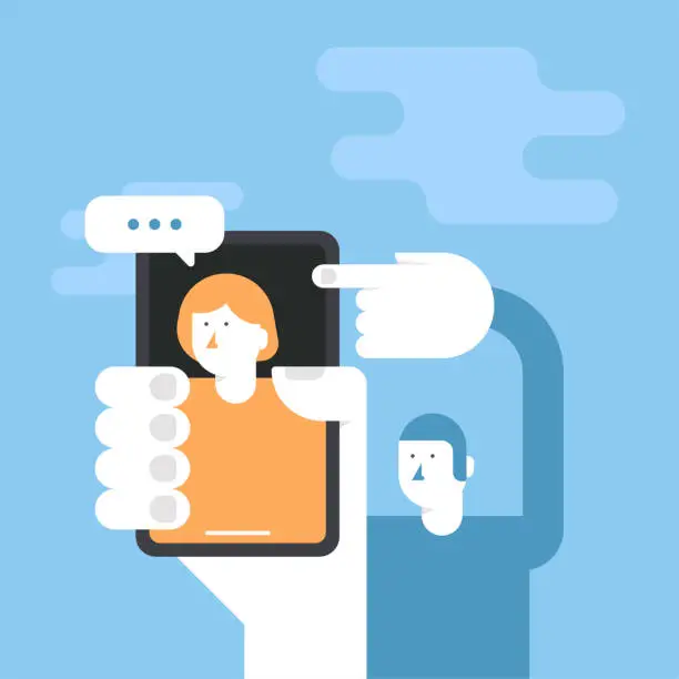 Vector illustration of A man points to the woman on the phone screen. They are videoconferencing.