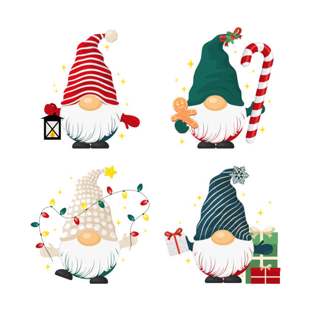 illustrazioni stock, clip art, cartoni animati e icone di tendenza di set di simpatici gnomi dei cartoni animati con roba natalizia in design piatto - gnomo