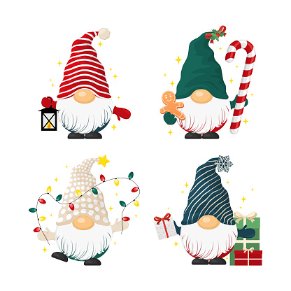 Set of cute cartoon gnomes with Christmas stuff in flat design