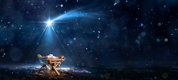 Waiting The Messiah Crib Manger In Cold Night With Star Trail