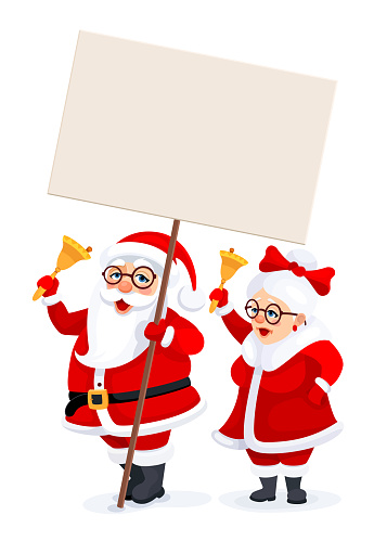 Santa Claus holding a sign board. Santa Claus and his wife Mrs Claus celebrate holidays. Christmas card.