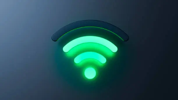 3d rendering, wifi icon green light glowing, black colour background, copy space, center position frame.