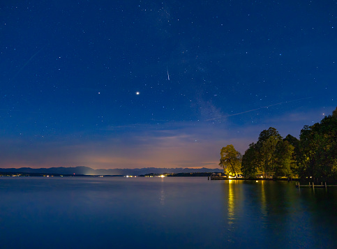 Starry sky on Lake Starnberg, Tutzing, Fünfseenland, Upper Bavaria, Bavaria, Germany, Europe