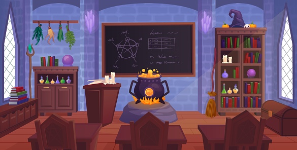 Magic room interior. Mystery library wizards school, sorceress house witch alchemy laboratory cartoon fairy study classroom indoors medieval castle, ingenious vector illustration of magic education