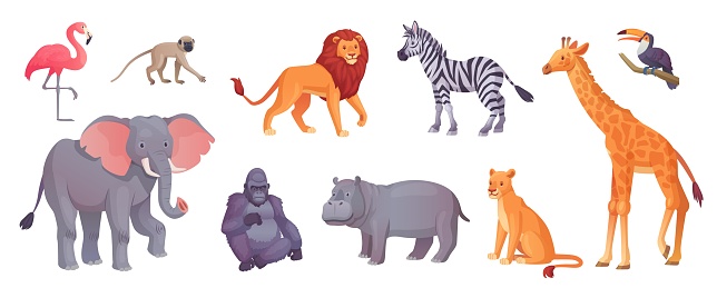 Exotic savannah animals. Herbivorous and carnivores animal african wildlife, zoo safari jungle fauna gorilla monkey elephant cute lion cartoon giraffe ingenious vector illustration of africa savannah