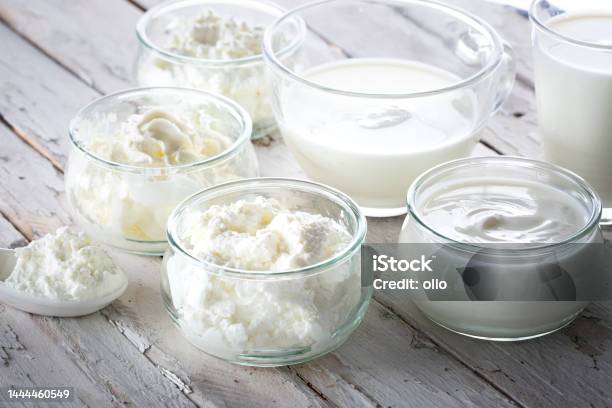 Dairy Products Milk Cream Yoghurt Cottage Cheese And Curd Stock Photo - Download Image Now