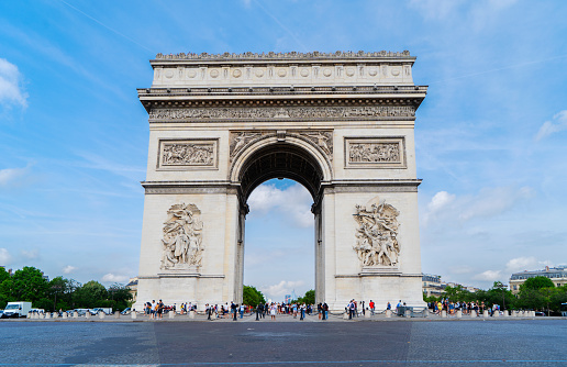 view of Arc de Triomphe landmark, Paris, France