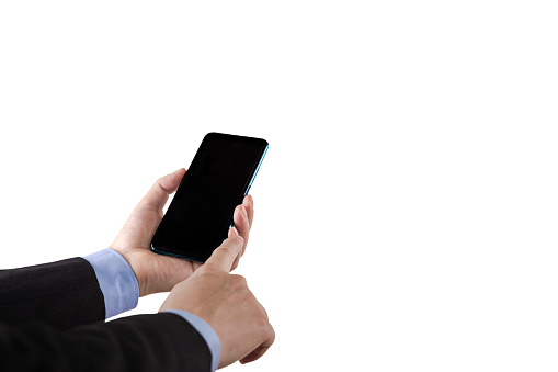 businessman holding telephone isolated on white background