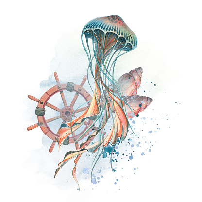 A jellyfish with a steering wheel and seashells. Watercolor illustration. Composition on a white background with spots and splashes of paint from the SYMPHONY OF the SEA collection. For decoration.