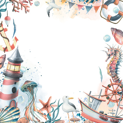 Lighthouse, boat and sea animals with paint spots and splashes. Watercolor illustration. Frame from the SYMPHONY OF THE SEA collection. For registration and design of cards, posters, invitations