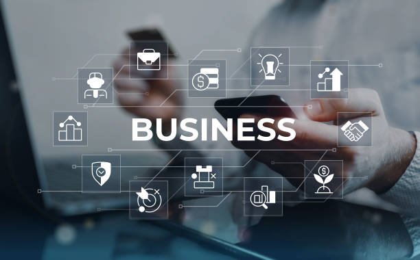 istock Business closeup concept image with white glyph icons 1444466666