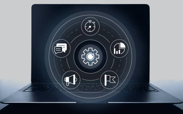 istock Technology integration in management closeup concept image with white glyph icons 1444466667