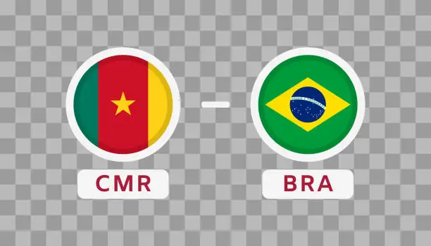 Vector illustration of Cameroon vs Brazil Match Design Element. Flags Icons isolated on transparent background. Football Championship Competition Infographics. Announcement, Game Score, Scoreboard Template. Vector