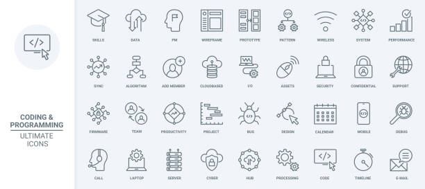 Test of software code, data storage thin line icons set, support of project, database Test of software code, data storage thin line icons set vector illustration. Outline support of digital projects, sync database system and cyber protection for wireless network, chart performance hubcap stock illustrations