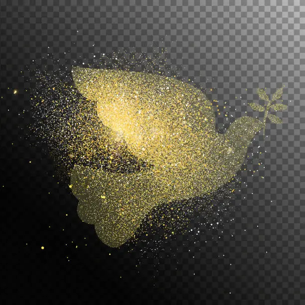 Vector illustration of Christmas holiday gold glitter jumping dove transparent background