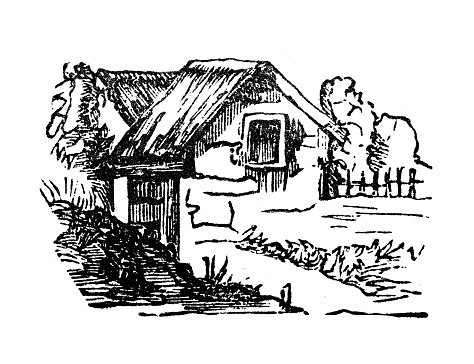 Antique engraving illustration: Thatched house, thatched cottage
