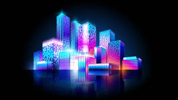 Vector illustration of Night isometric city isolated on dark background.