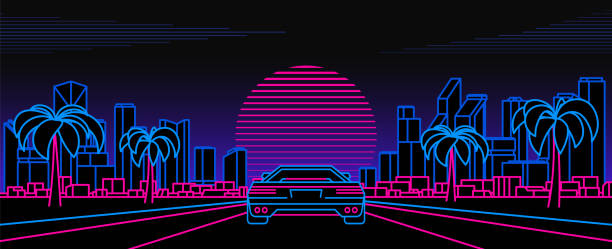 レトロなネオンスタイルの夜の街と車 - laser backgrounds technology city点のイラスト素材／クリップアート素材／マンガ素材／アイコン素材