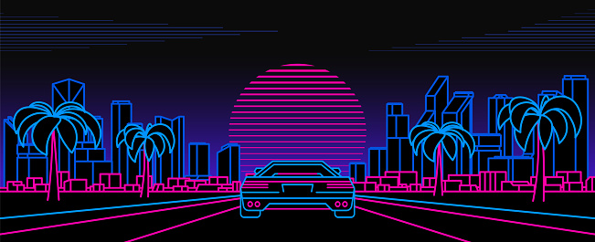 Night city in retro waves, synth, 1980s style. Neon background with supercar on the road.