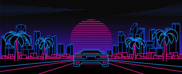 Vector illustration of Night city and car in retro neon style