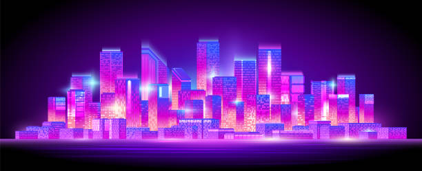istock View of modern night city. Bright neon metropolis with skyscrapers. 1444477177