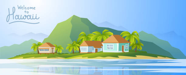 красивый прибрежный городок на гавайских островах. - hawaii islands tropical climate mountain residential structure stock illustrations