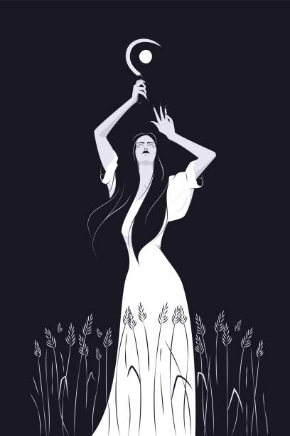 ilustrações de stock, clip art, desenhos animados e ícones de woman witch in white dress with a sickle in a wheat field in moon light. - voodoo