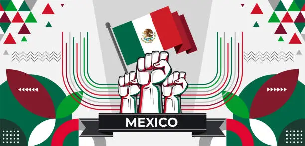 Vector illustration of Mexico national day banner with Mexican flag colors theme background and geometric abstract retro modern green red white design. Mexico people. Sports Games Supporters.