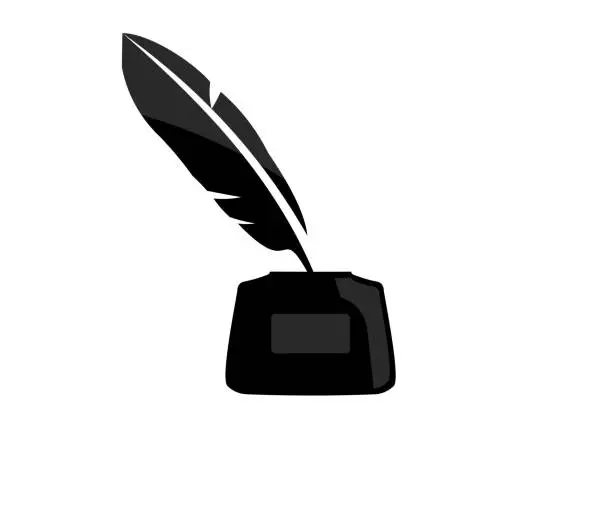 Vector illustration of Feather quill pen and glass inkwell. Pen and ink bottle vector symbol sign, flat icon. Feather and ink bottle icon vector design and illustration.