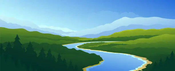 Vector illustration of Flowing river through grassy green hills and mountains background