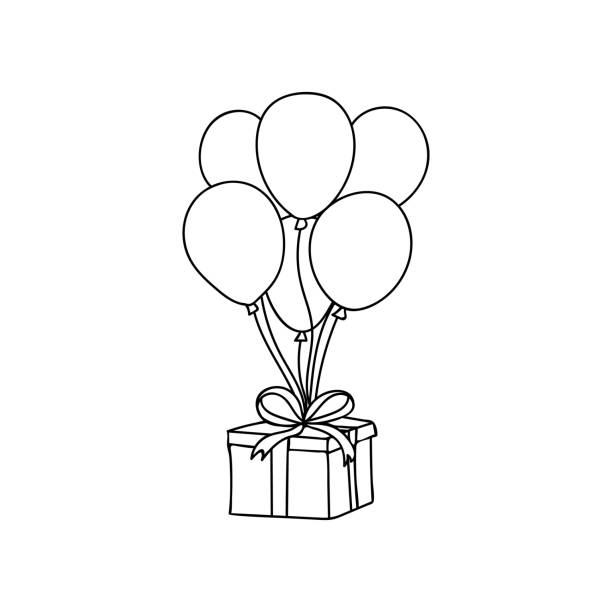 ilustrações, clipart, desenhos animados e ícones de giftbox com balões doodle ilustração em vetor. balões segurando a ilustração desenhada à mão da caixa de presente. aniversário, feliz natal e ano novo design de banner festivo, cartão de felicitações - birthday card birthday new years eve balloon