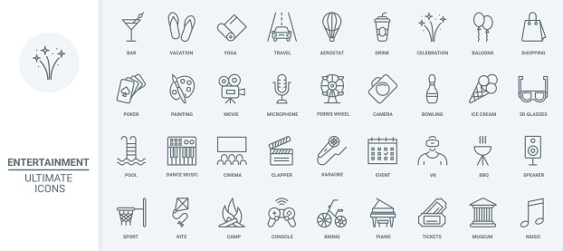 Fun party events, travel vacation and leisure thin line icons set vector illustration. Outline microphone for karaoke and fireworks, happy barbecue picnic and cinema movie, entertainment symbols