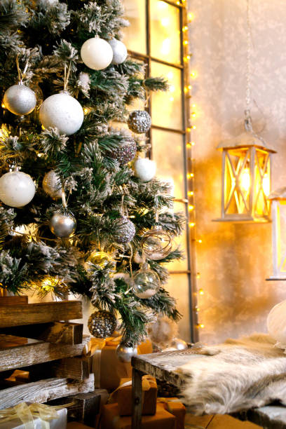 istock Christmas tree decorated with balls and toys 1444483107