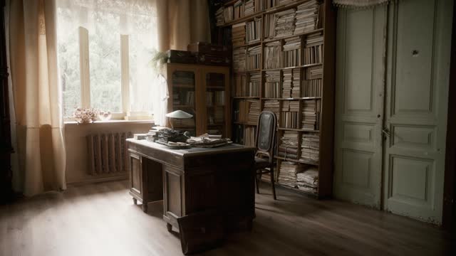 An old study with a large wooden table and a library with books. Vintage interior with shelves full of vintage books. Bookcases full of books. Sunny summer day with rays from the window