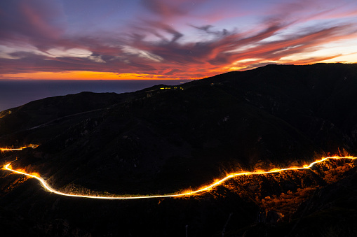 Traffic flowing through the Santa Monica mountains and up Malibu canyon. Long exposure photos taken after sunset