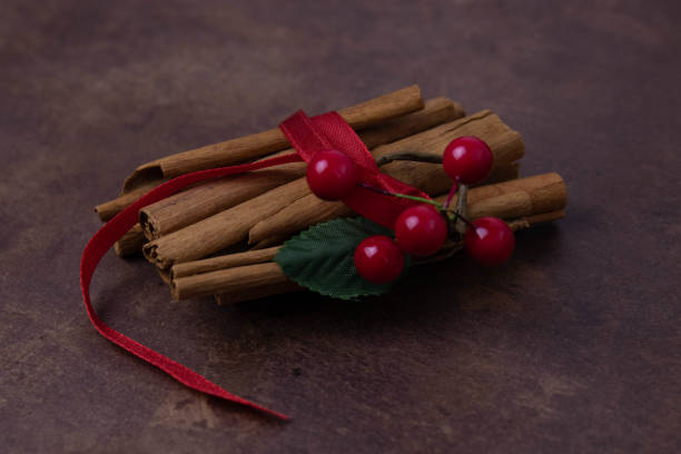 Cinnamon sticks, Dried Lemon , pine cone and Nut on Copper Background