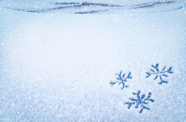 istock Three snowflakes hand drawing (painted) on snow under windshield wiper of car. 1444487374